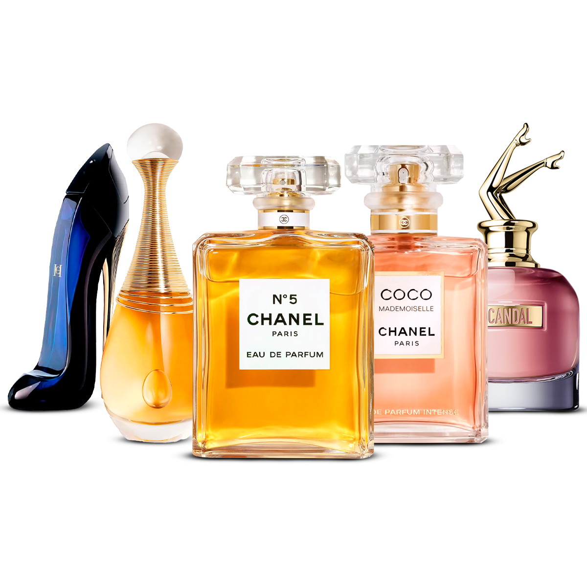 Conjunto de 5 Perfumes – Good Girl, J'adore, Chanel Nº5, Coco Mademoiselle e Scandal [100 ml cada um]