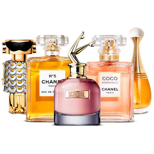 Conjunto de 5 Perfumes – Fame, Chanel Nº5, Scandal, Coco Mademoiselle e J'adore [100 ml cada um]