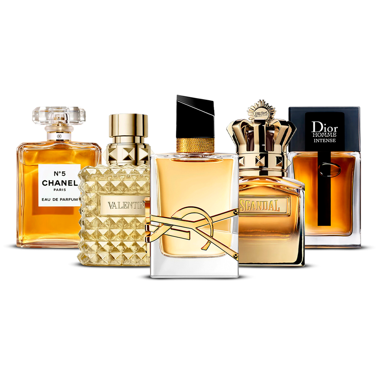 Conjunto de 5 Perfumes – Chanel Nº5, Valentino Uomo, Yves Saint Laurent Libre, Scandal Pour Homme e Dior Homme Intense [100 ml cada um]