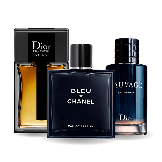 Conjunto de 3 perfumes Sauvage Dior, Bleu de Chanel, Dior Homme Intense 100ml