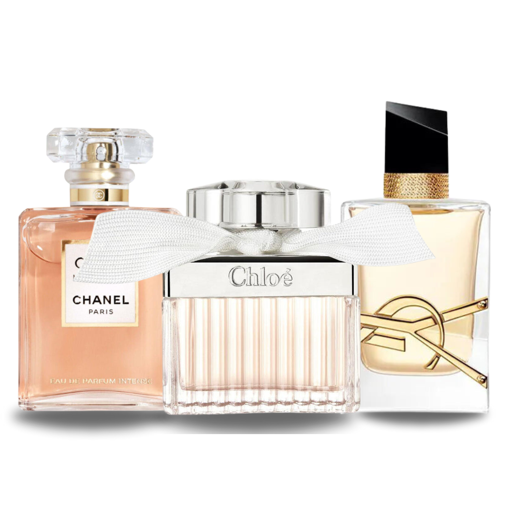 Conjunto de 3 perfumes Chanel COCO MADEMOISELLE, Yves Saint Laurent LIBRE e CHLOÉ 100ml