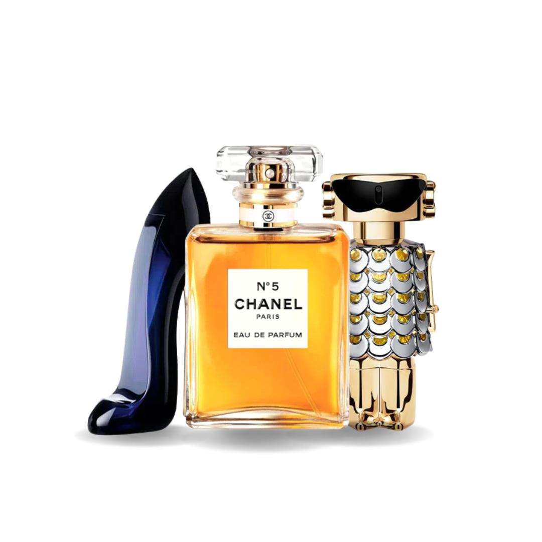 Conjunto de 3 perfumes Carolina Herrera GOOD GIRL, Chanel Nº5 e Paco Rabanne FAME